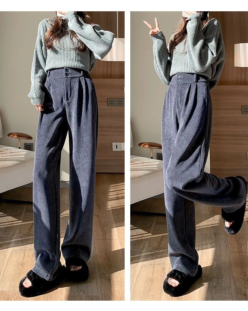 Description Picture 3 of itemKorean Fashion 2023 Women's Pants Winter Plus Velvet Wide Leg Pants Casual Woman Pant High Waist Straight Women Loose Trousers