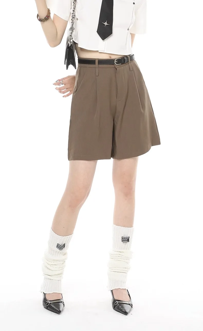 Description Picture 4 of itemWomen Khaki Casual Shorts Solid American Vintage Fashion Straight Wide Leg Pants High Street 2023 NEW Female Summer Suit Pants