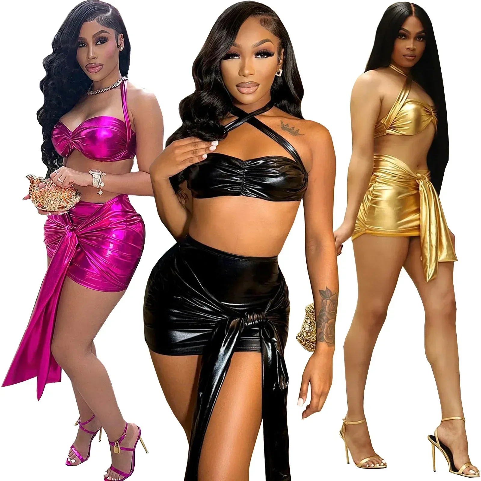 Description Picture 3 of itemLeosd 2023 Autumn New Women Solid Color Lace Up Bra Top Sexy Nightclub Style Gold Stamping Elastic Leather Two Piece Set