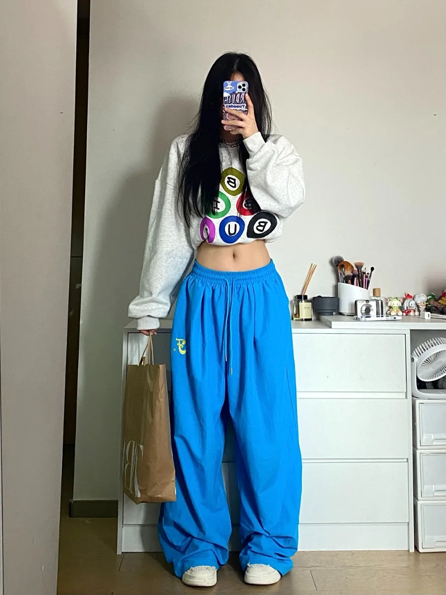 Description Picture 5 of itemQWEEK Korean Fashion Solid Track Pants Women Y2K Kpop Quick Dry Sweatpants Oversize Harajuku Streetwear Hip Hop Wide Leg Joggers