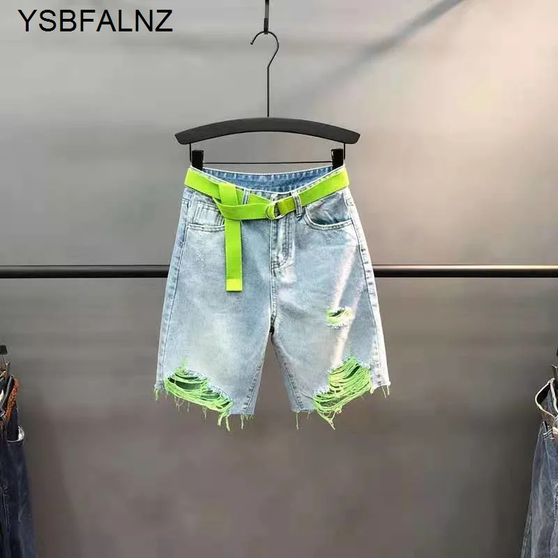 Summer Women New Trend Green Color Contrast Jeans Short Pants Lady Fashion Thin High-waist Denim Shorts Straight Streetwear Pink