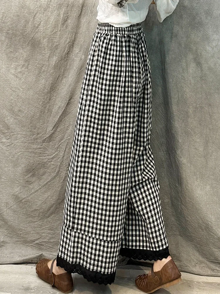 Description Picture 5 of itemSummer Women Wide Leg Pant High Waist Drawstring Loose Oversize Pant Plaid Trousers Skirt Pants Retro Casual Streetwear X148