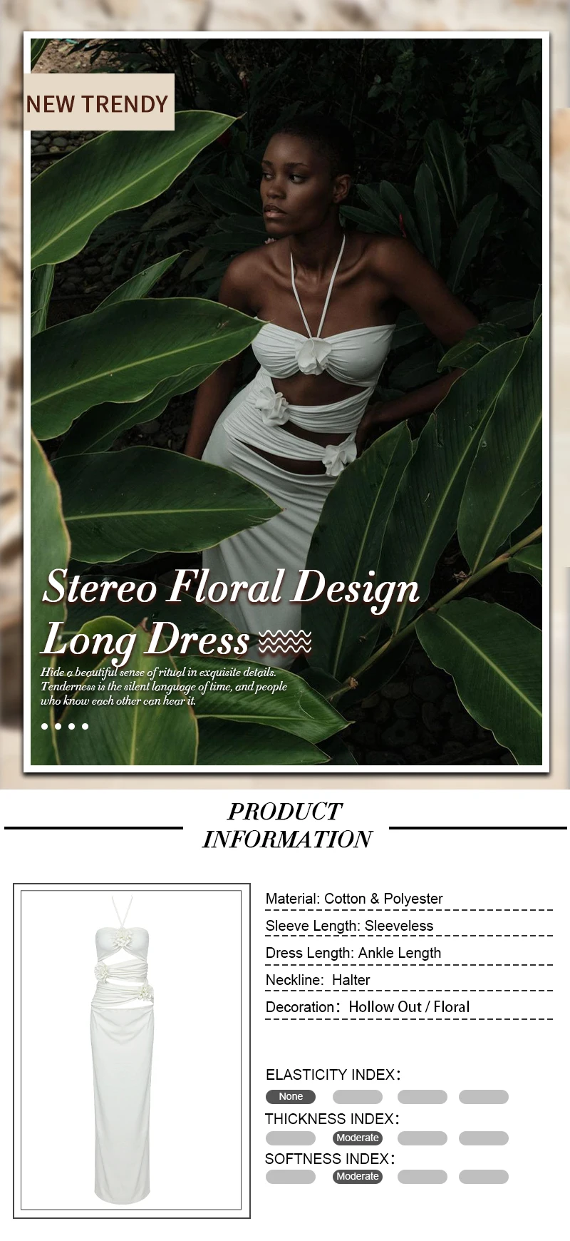 Description Picture 2 of itemVC White Dress Woman Sexy Stereo Flowers Design Halter Sleeveless Elegant Party Evening Long Dress Vestidos