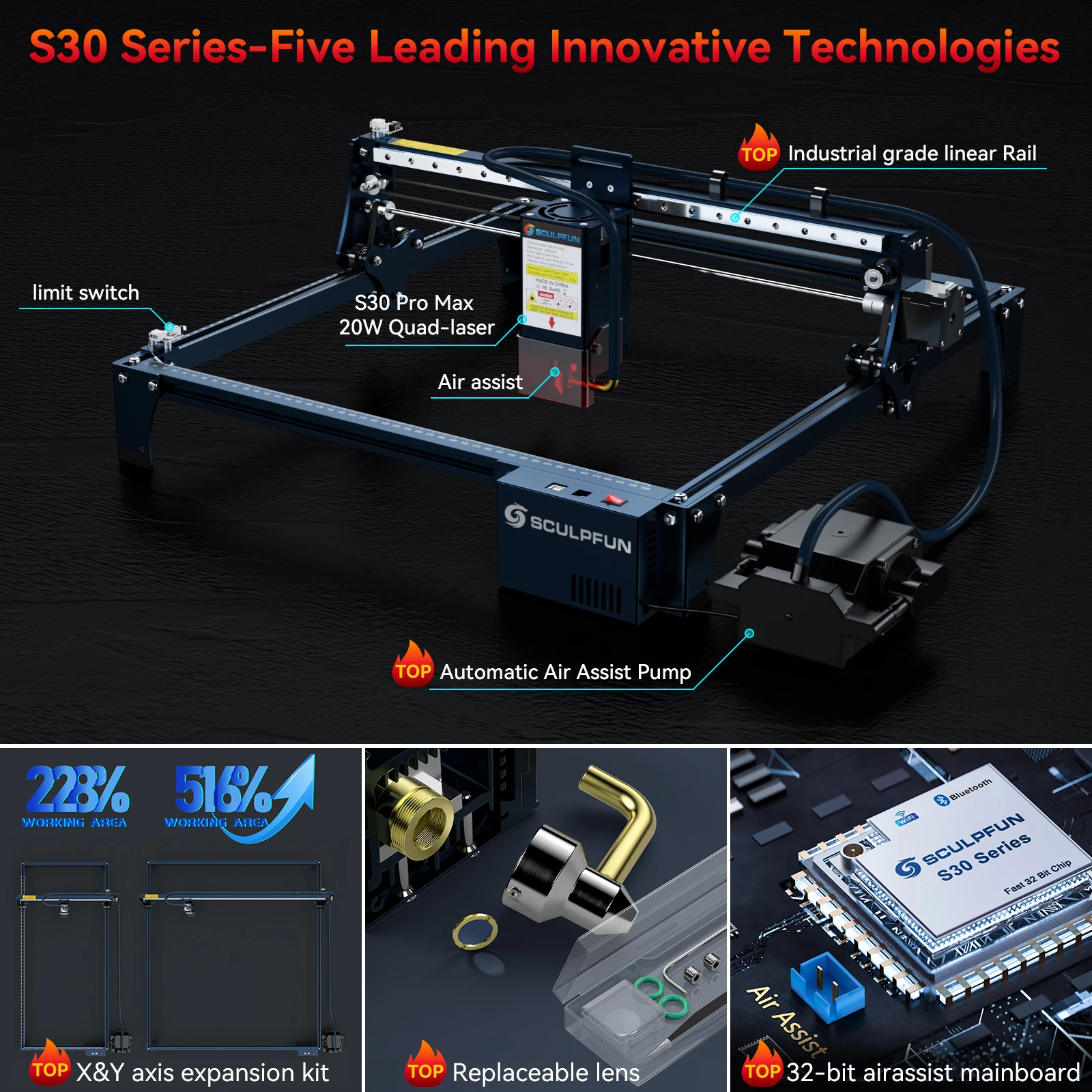 SCULPFUN S30 Pro Max Laser Engraver with Auto Air Assist 20W Laser Cutter High Accuracy Industrial grade Laser Engraving Machine