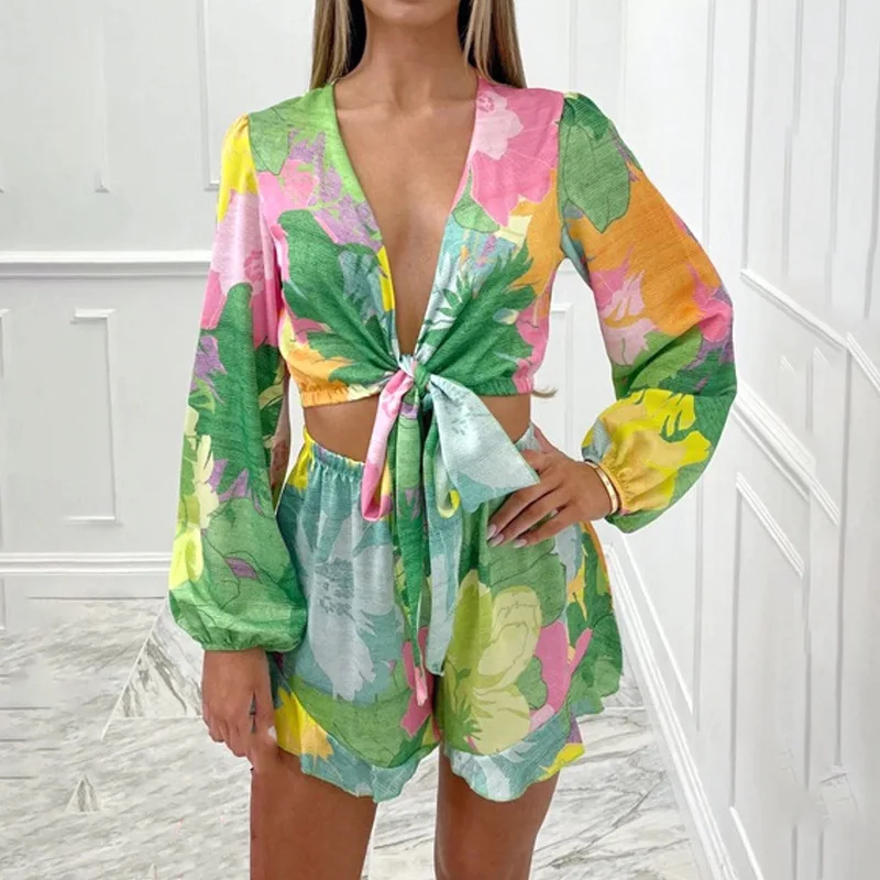 Color Printed Two Piece Set Women Long Sleeve Leace-up Deep V-neck Tops Shorts Sets 2023 Summer New Casual Beach Party Bohemian