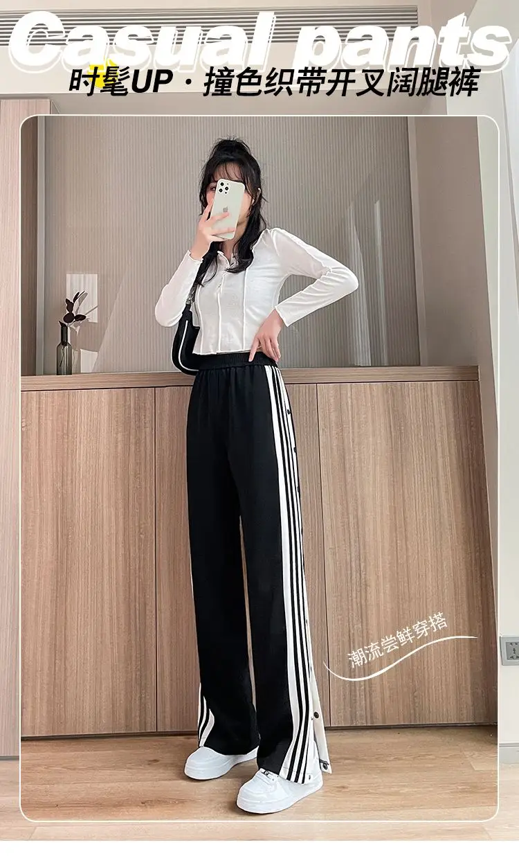 Description Picture 4 of itemWomen Striped Letter Single Breasted Harajuku Streetwear Pants Y2K Casual High Waist Straight Split Wide Leg Trousers Pantalones