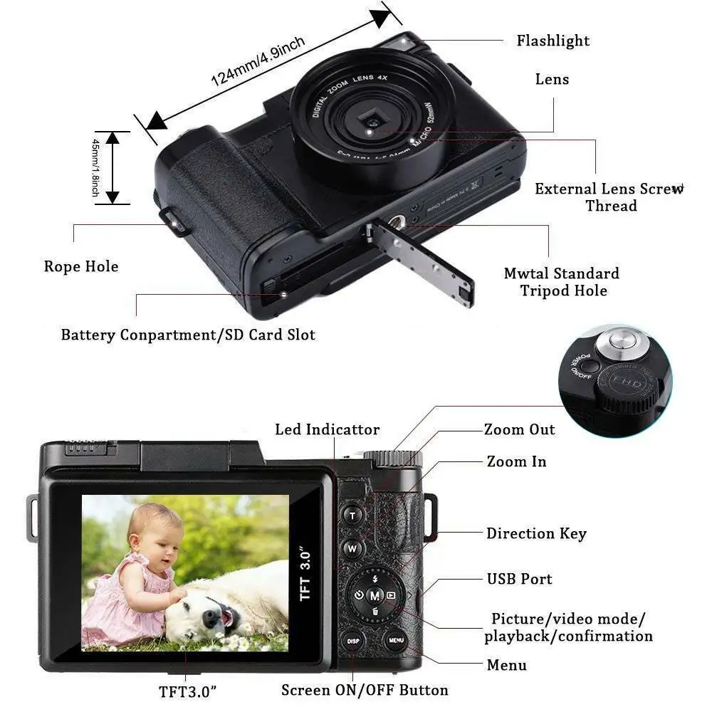 Description Picture 4 of itemDigital Camera 24MP Video Camera 4X Zoom Rotatable Screen Full 1080P Anti-shake SLR Camcorder Photo w/ Wide Lens and 32GB Card