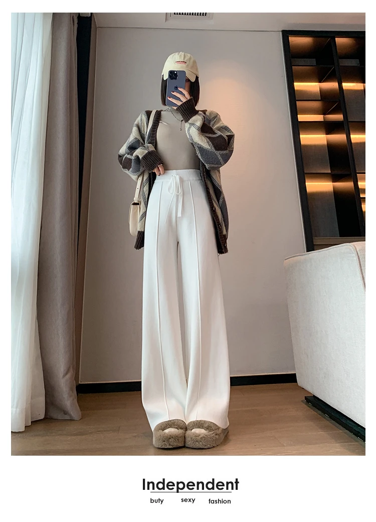 Description Picture 4 of itemJielur Knitting Loose Straight Winter Women Pants Lace-up Simple High Waist Chic Thick Basic Female Wide Leg Pants Streetwear