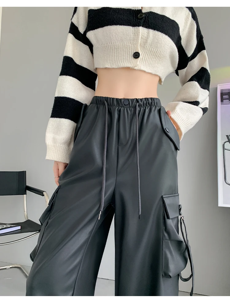 Description Picture 5 of itemLeather Cargo Pants Women 2023 Autumn New High Waisted Drawstring Pockets Wide Leg Pant Fashion Streetwear Loose Solid Trousers