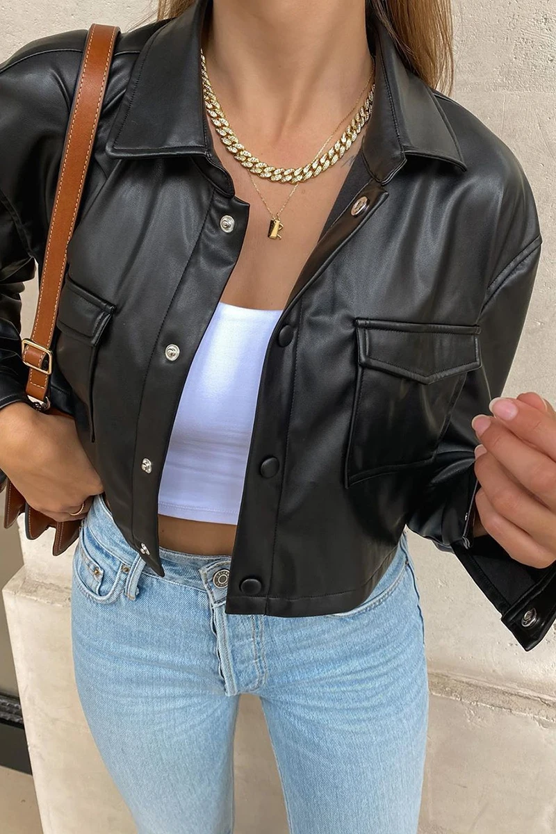 Description Picture 3 of itemWomen Crop Tops Leather Jacket Solid Color Black/White Long Sleeve Button Open Front Lapel Coat with Pockets 2021 Streetwear