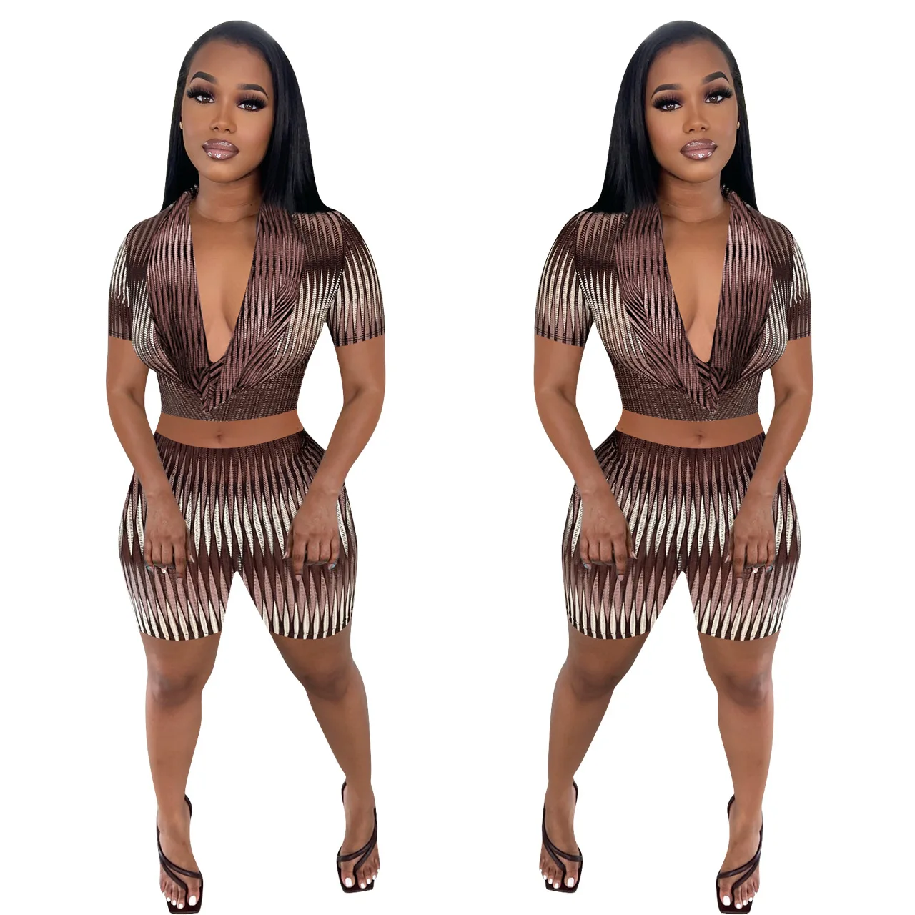 Description Picture 5 of itemLFRVZ 2022 Summer Shirt&Short Young Sexy Hollow out High Street V-Neck Short Sleeve Top Short Pants Slim Women 2 Piece Set