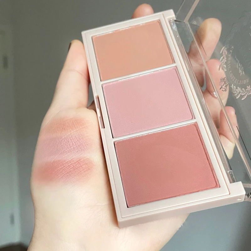 3 In 1 Milk Tea Blush Peach Pallete 3 Colors Face Mineral Pigment Cheek Blusher Powder Makeup Contour Shadow Blush with Brush