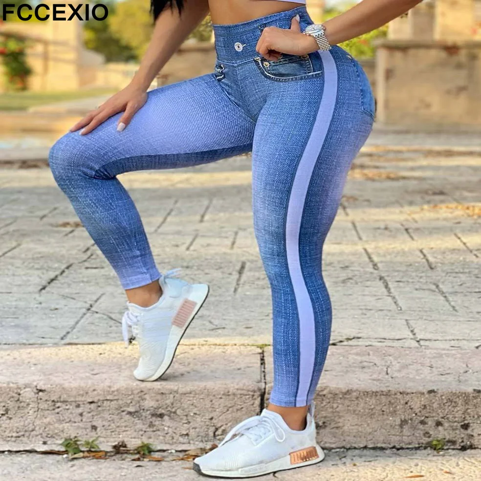 Description Picture 3 of itemFCCEXIO Denim Print High Waist Leggings Sports Fitness Leggings Tights Running Workout Pants Push Up Sexy Jean Leggings New
