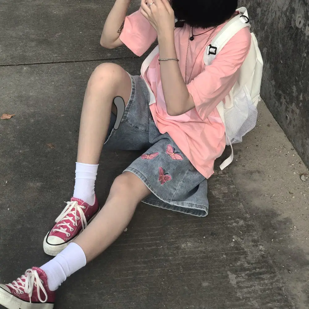 Description Picture 4 of itemButterfly Embroidery Jeans Shorts Y2k Streetwear Wide Leg Pants Women Korean Fashion Vintage Kawaii Casual Loose Trousers