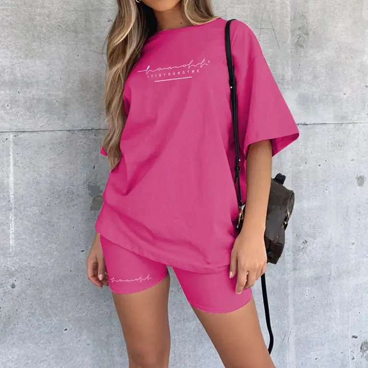 Description Picture 3 of itemWomen's Leisure Sports 2-Piece Set Summer Loose Short Sleeve Letter Printed T-Shirt + Tight Capris Shorts Sports Set Outfits