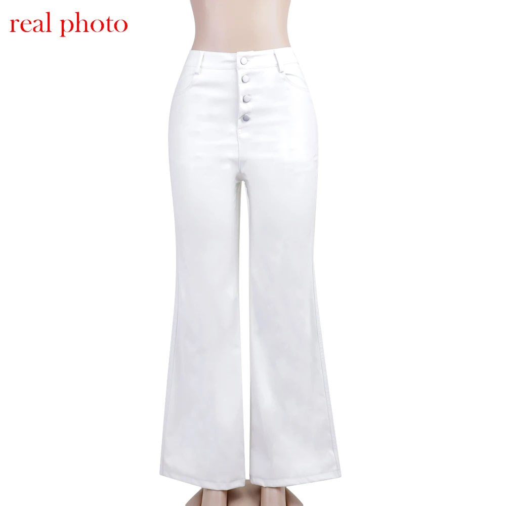 Description Picture 3 of itemCryptographic Fashion White PU Leather High Rise Pants Streetwear Casual Button Up Straight Leg Pants for Women Trousers Pants