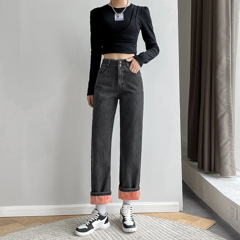 Description Picture 6 of itemWinter Warm Fleece Wide Leg Jeans Women Vintage Baggy High Waist Denim Pants 2021 Loose Straight Mom Jean Pantalones De Mujer