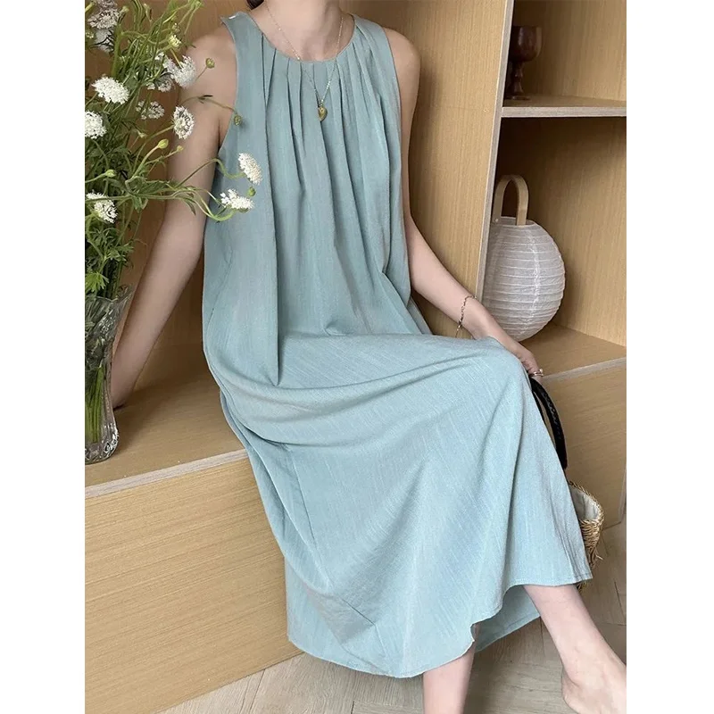 Summer New Holiday Style Hollow Out Sleeveless Hanging Neck Dress Solid Loose Backless Dresses Elegant Fashion Women Clothing