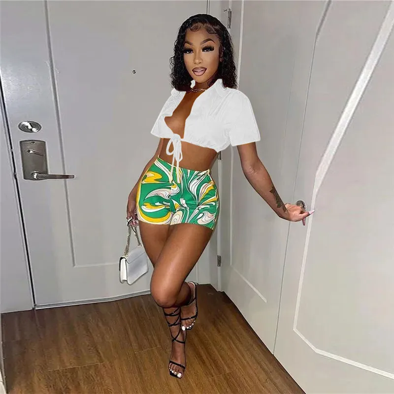 Description Picture 4 of itemhirigin Sexy Two Piece Set Club Outfits for Women Tracksuit Summer White Tie Up Crop Shirt Print Shorts Sweat Suits Matching Set