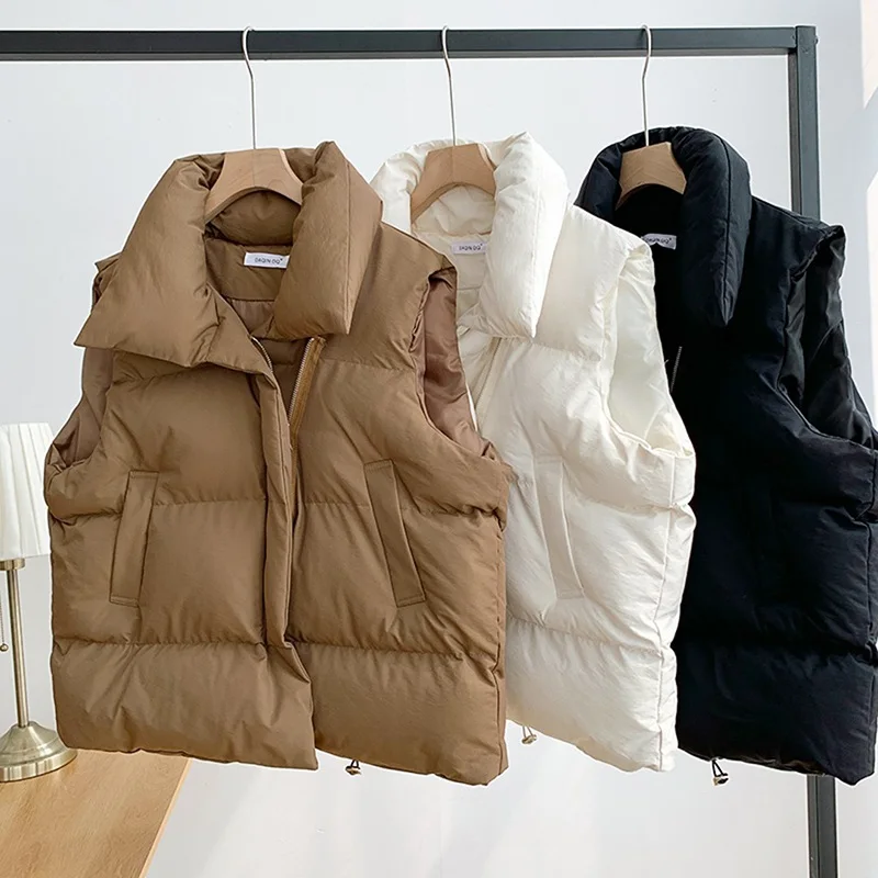 Autumn Winter Warm Solid color Cotton vest Women's vest Standing collar Sleeveless Cotton padded Outerwear Women's coat