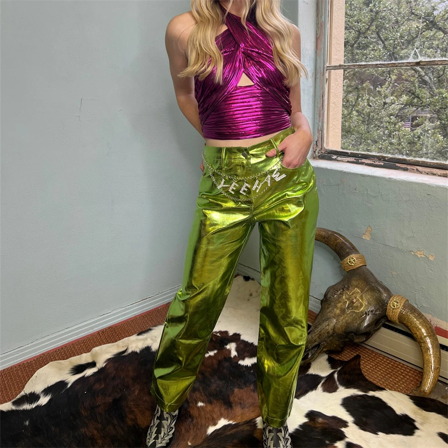 Description Picture 5 of itemPuloru Shiny PU Leather Long Pants Women Metallic High Waist Button Zipper Closure Casual Trousers Streetwear Straight Leg Pants