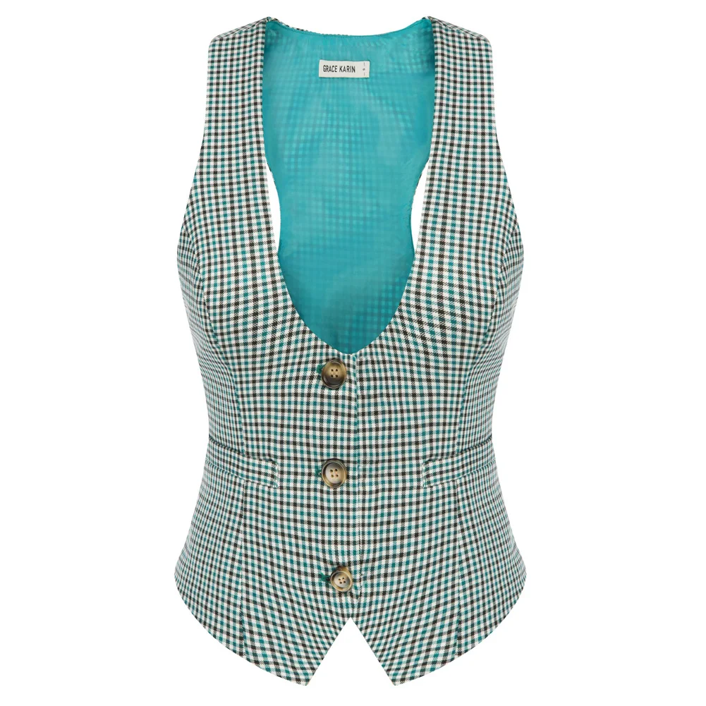 Description Picture 6 of itemGRACE KARIN Womens Waistcoat Vest Vintage Steampunk Dress Elegant Jacquard Jacket V-Neck Handkerchief Hem Plaided Waistcoat A3