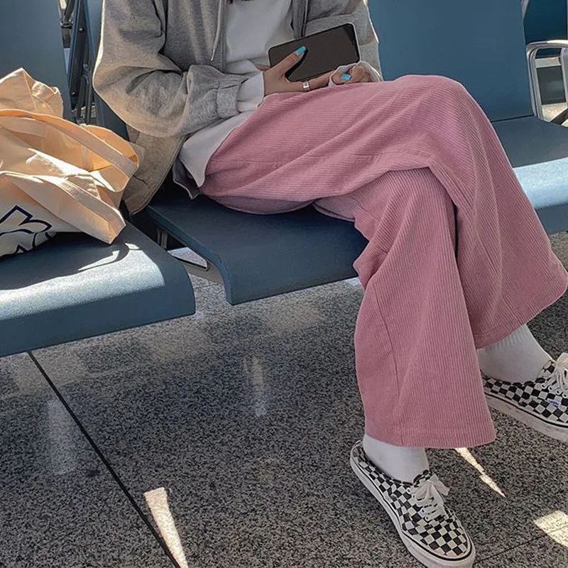 Vintage Corduroy Casual Streetwear Harajuku Wide Leg Pants for Women 2023 Spring Autumn Solid Loose High Waist Straight Trousers