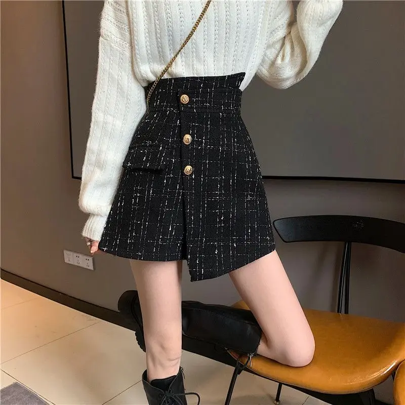 Description Picture 4 of itemAsymmetrical High Waist A-line Skirt Autumn Plaid Button Patchwork All-match Shorts Skirts Sweet Fashion Elegant Women Clothing
