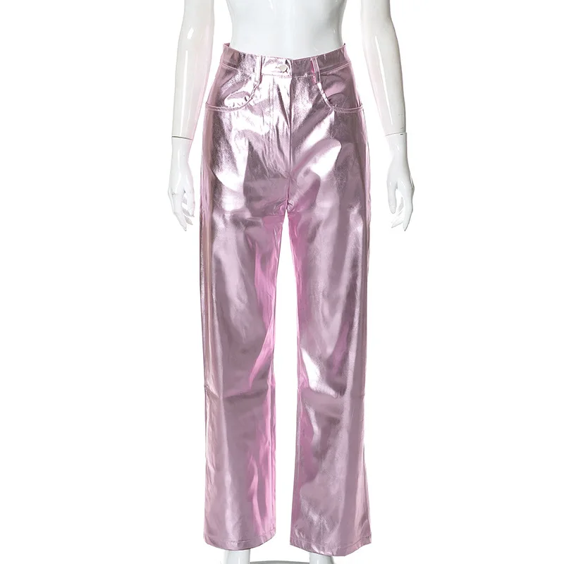 Description Picture 5 of itemWomen Metallic Straight-Leg PU Pants Sexy ZA Sparkling High Waist Trousers Streetwear Luxury Birthday Costumes 2023 Spring Fall