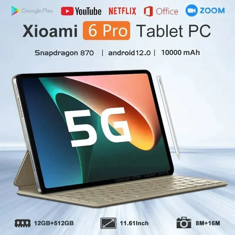 2023 Original Global Version Pad 6 Pro Tablet Snapdragon 870 Android 12 12GB+512GB Tablets PC 5G Dual SIM Card WIFI HD 4K Mi Tab