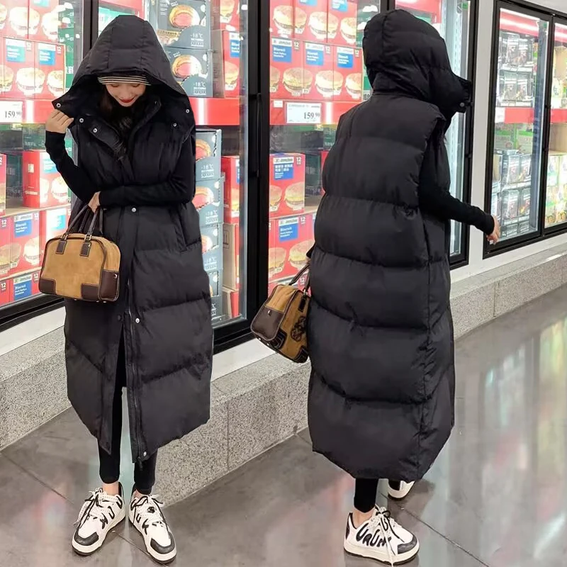 Description Picture 4 of itemLong Vest Woman Jacket New 2023 Hooded Fashion Winter Thick Warm Cotton Padded Jacket Sleeveless Coat Female Long Waistcoat