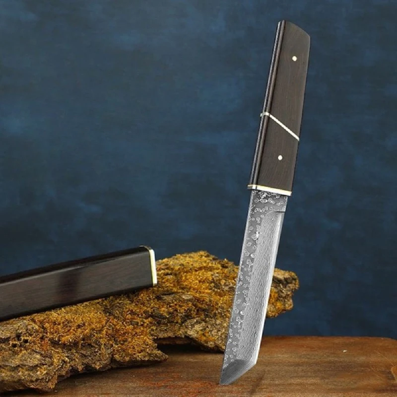 Description Picture 3 of item1pc Sharp Damascus Steel Outdoor Straight Knife,Portable EDC Camping Pocket Knife with Scabbard,Suitable for Outdoor, Hiking Use