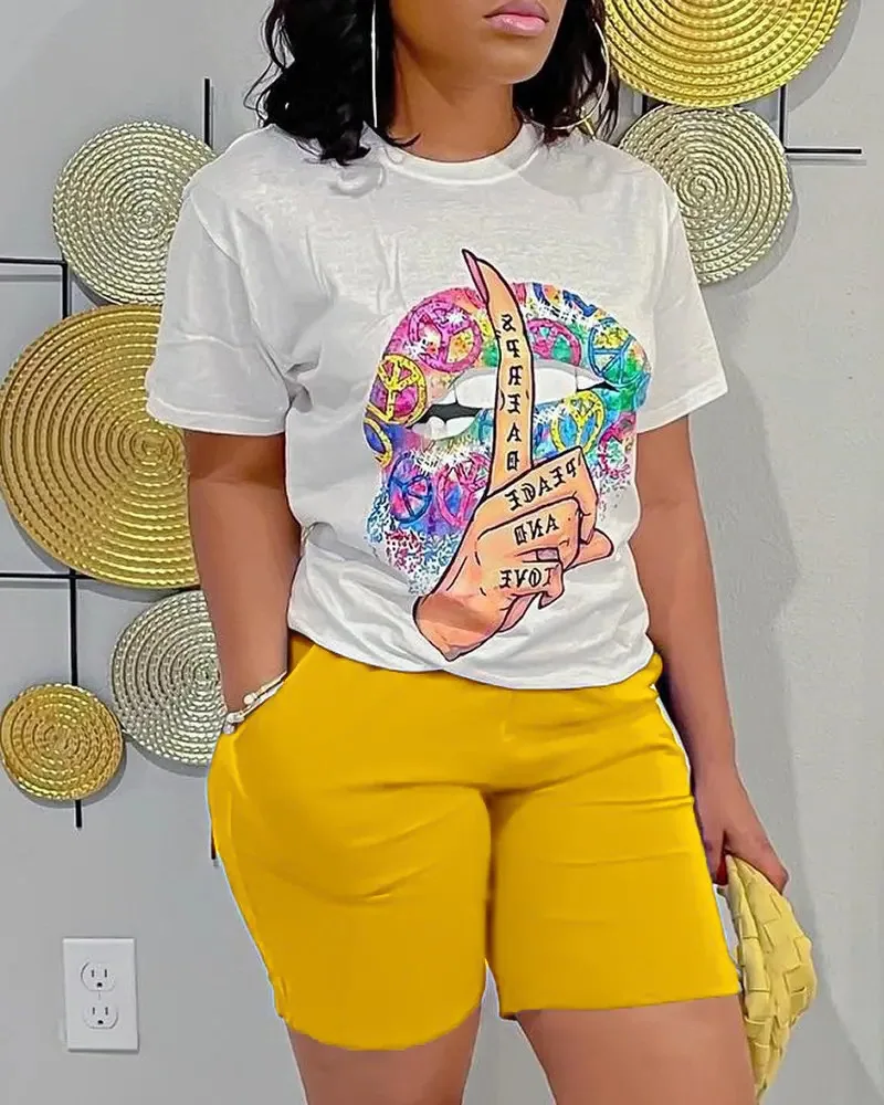 Description Picture 4 of itemT Shirt T-shirt Tee Top & High waist Elastic Shorts Women 2pcs Clothes Set Short Sleeve O Neck Fashion Casual Sexy