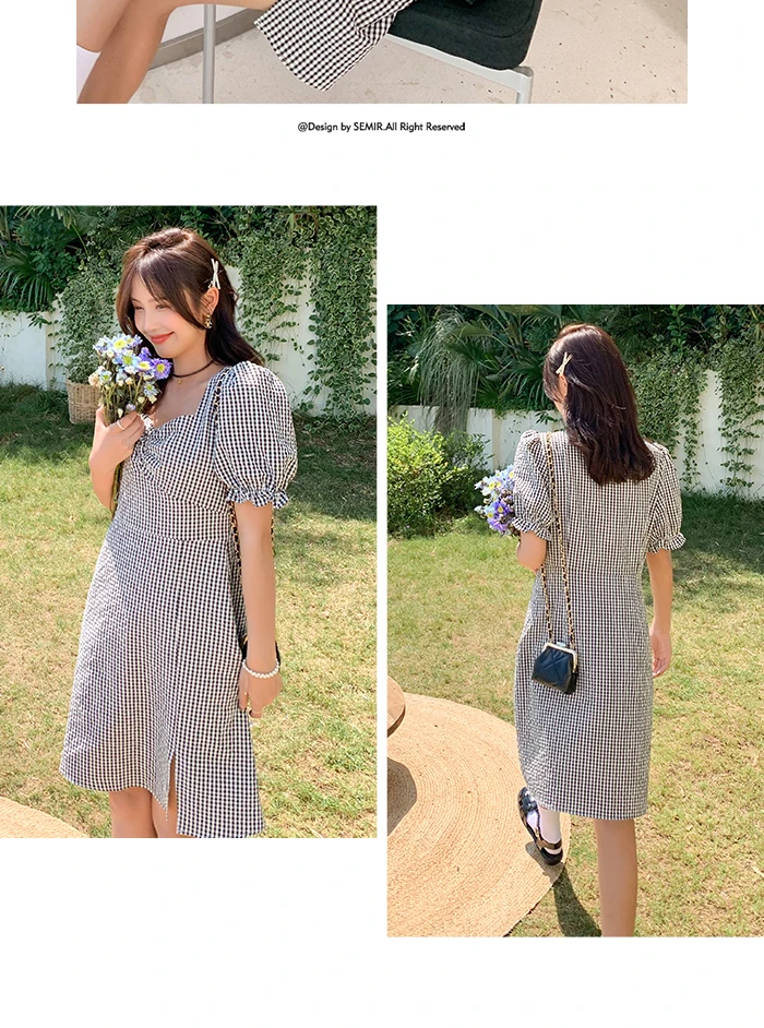Description Picture 5 of itemSemir Dress Women Puff Sleeves Gentle 2021 Summer New Girls Dress Split Black And White Plaid dress Trend