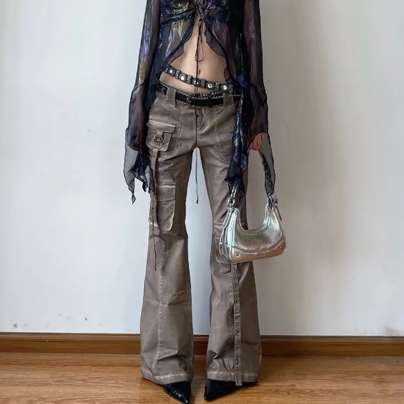 Karrram Grunge Low Waist Flare Pants Vintage Distressed Cargo Pant Wasteland Punk Bell Bottom Jeans American Retro Trouser Y2k