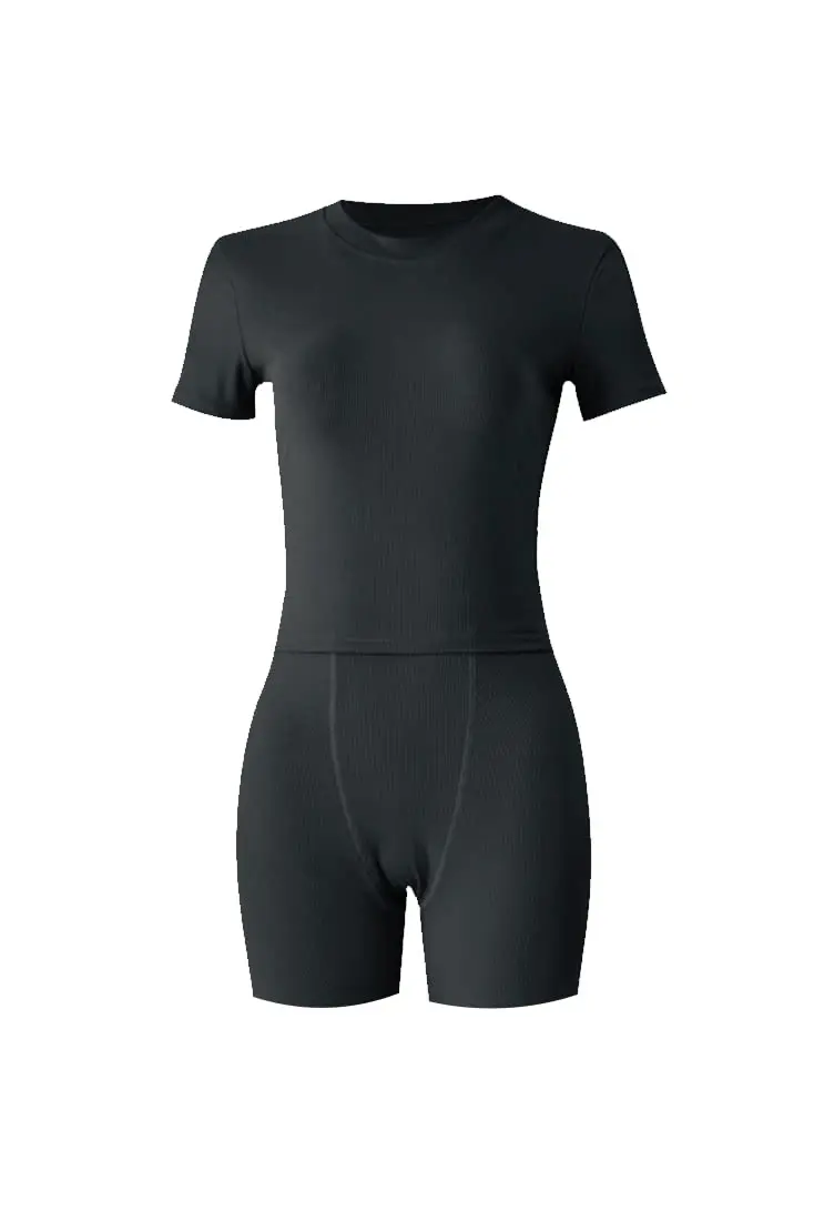 Description Picture 4 of itemLounge Wear Ribbed Casual 2 Piece Summer Shorts Set For Somen Short Sleeve Top+Elastic outfits