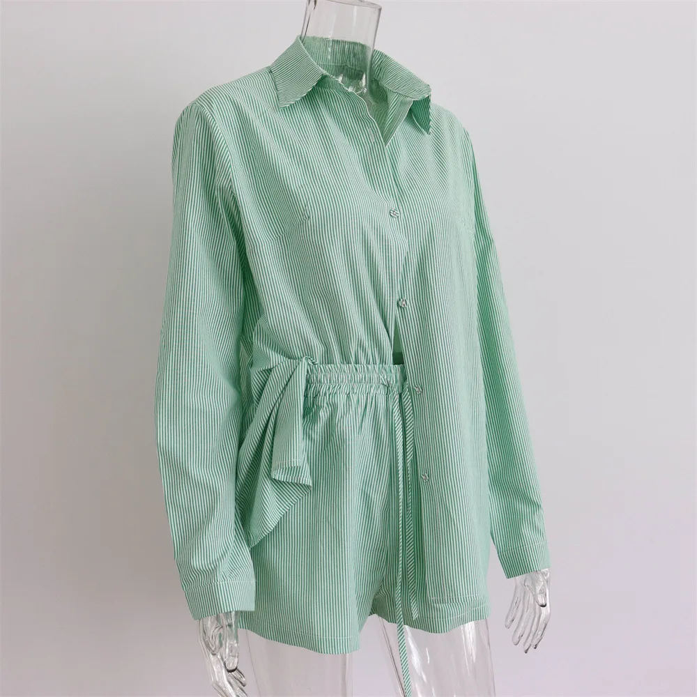 Description Picture 4 of itemTwo Piece Set for Women Summer Stripe Long Sleeve Shirt Tops Loose High Waisted Shorts Sets Female Oversized Outfits Tracksuit