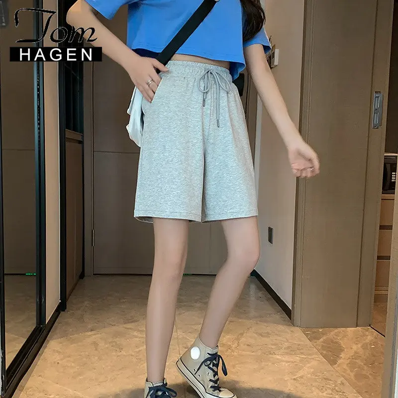 Summer 2023 Women's Cotton Shorts Solid Wide High Waist Above Knee Loose Shorts Women Classic Oversize Black Shorts for Women