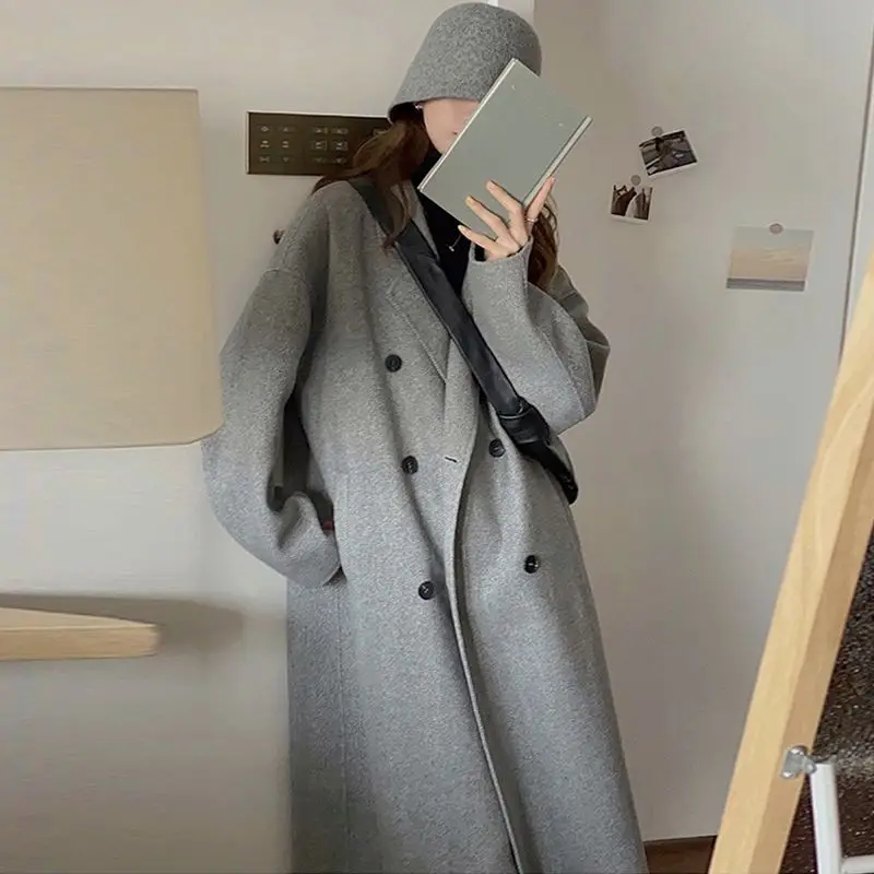 Description Picture 3 of itemCotvotee Loose Wool Coat Women Autumn Winter 2023 Fashion Turn Down Collar Long Sleeve Jacket Casual Double Breasted Long Coats