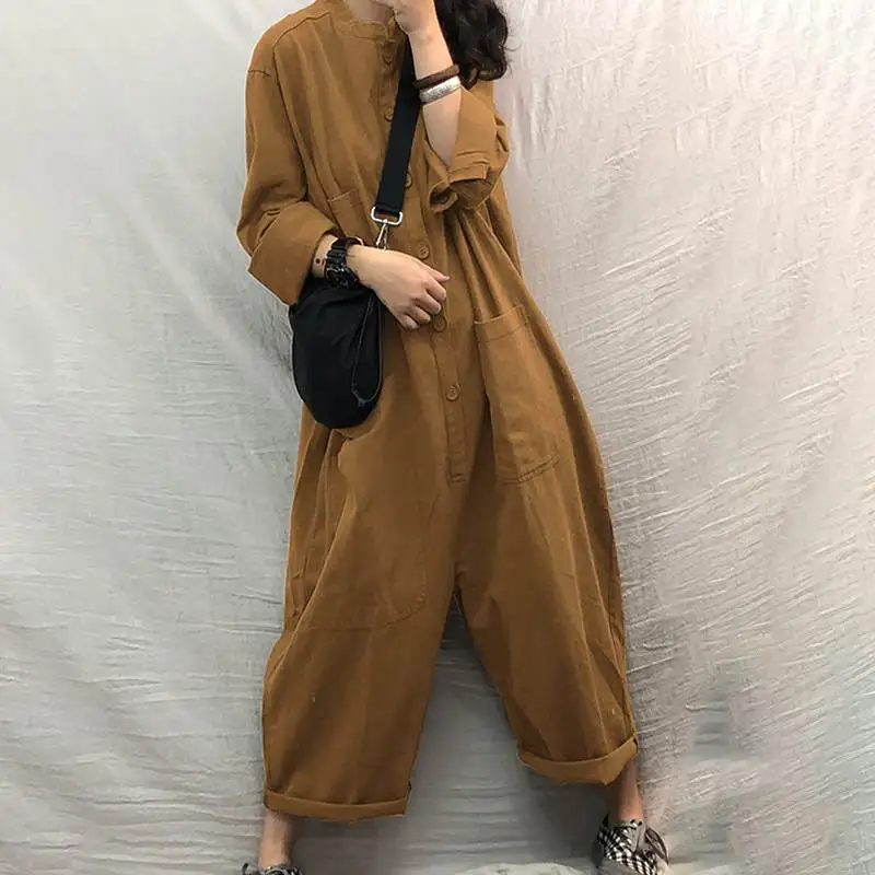 Description Picture 3 of itemWomen Jumpsuit 2023 Female Oversized Romper Autumn Loose Pockets Overalls Casual Solid Stand Collar Bottom