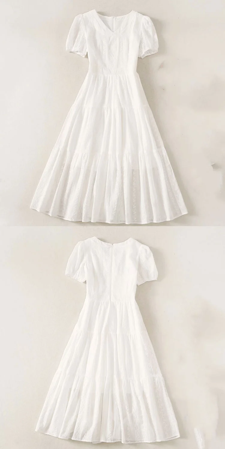 Description Picture 4 of itemFrench White Long Dress For Woman Summer Bohemia Slim Beach Maxi Dress Short Sleeve V Neck Elegant Female Dresses Office Holiday