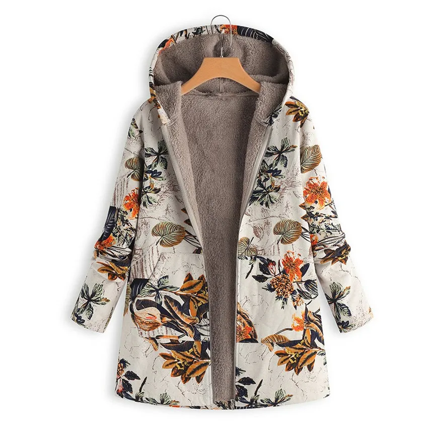 Description Picture 5 of itemPrinted Hooded Long Sleeve Coat Oversized Vintage Women Autumn Winter Warm Plush Jacket Casual Ladies Clothes