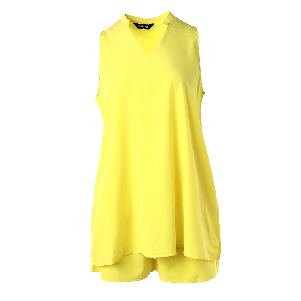 Description Picture 4 of itemSummer Women Two Pieces Notch Neck Sleeveless Top & Shorts Set Fashion Femme Casual Solid V Neck Tassel Suit Set Clothing