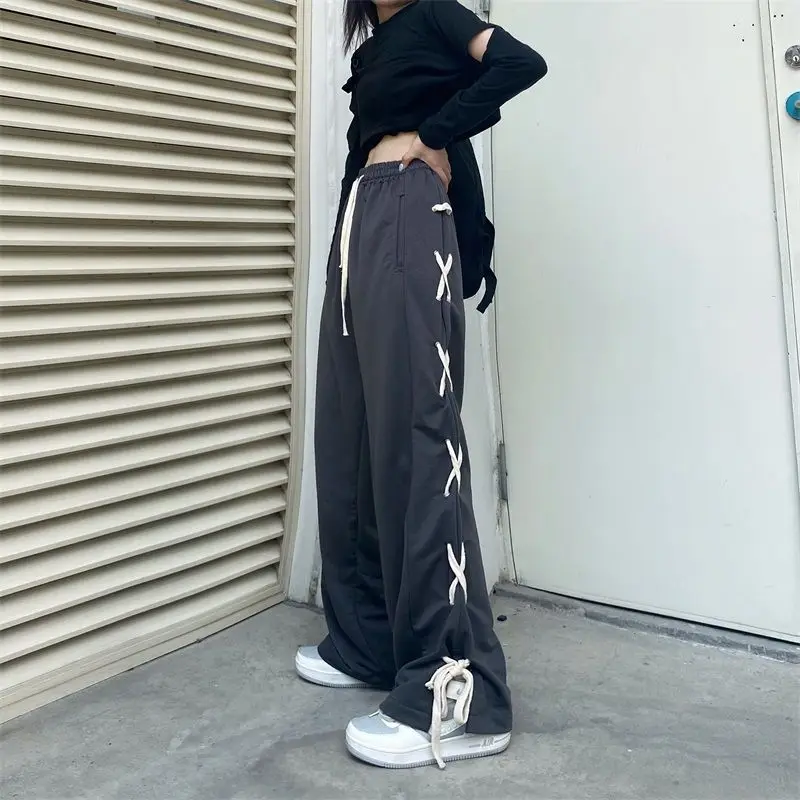 Description Picture 2 of itemY2k Vintage Women Grey Pants Korean New Fashion Streetwear Elastic Waist Loose Casual Harajuku Sports Straight Wide Leg Trousers