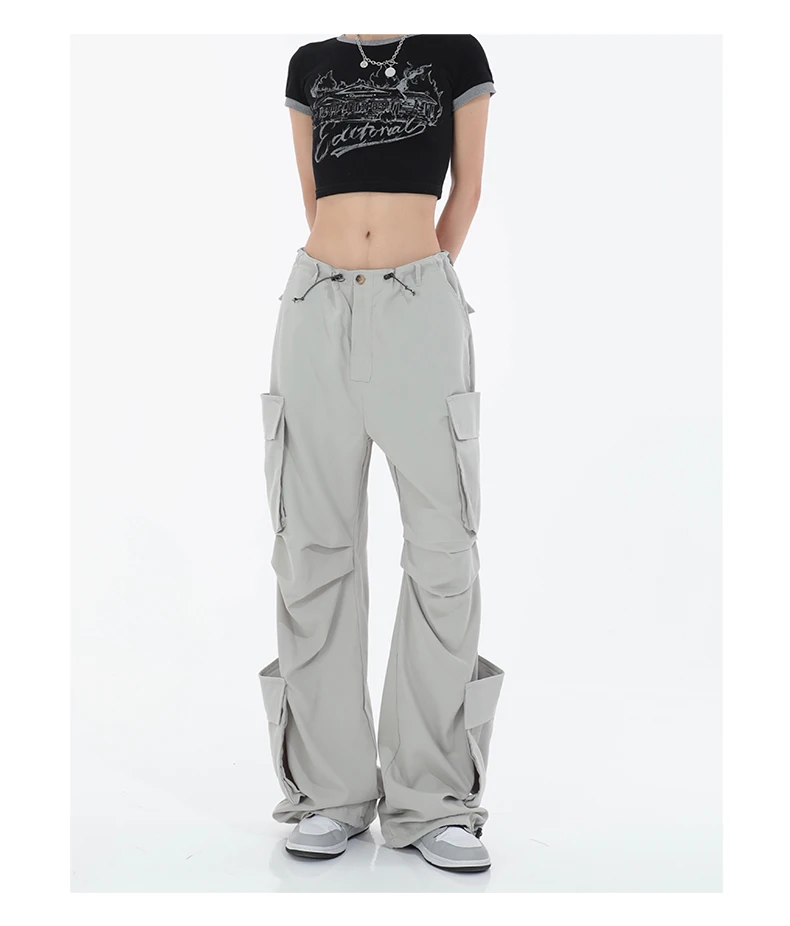 Description Picture 5 of itemQWEEK Cyber Y2K Gray Cargo Pants Women Oversized Hip Hop Streetwear Wide Leg Parachute Trousers Egirl Harajuku Pockets Pantalon