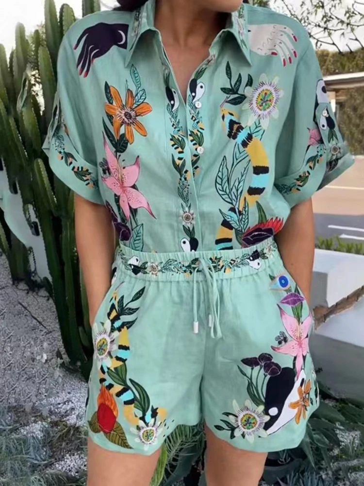 2 Piece Shorts Suit Women Set Casual Printed Short Sleeve Shirt+ Elastic Waist Shorts Summer Spring Female printed loose Suits