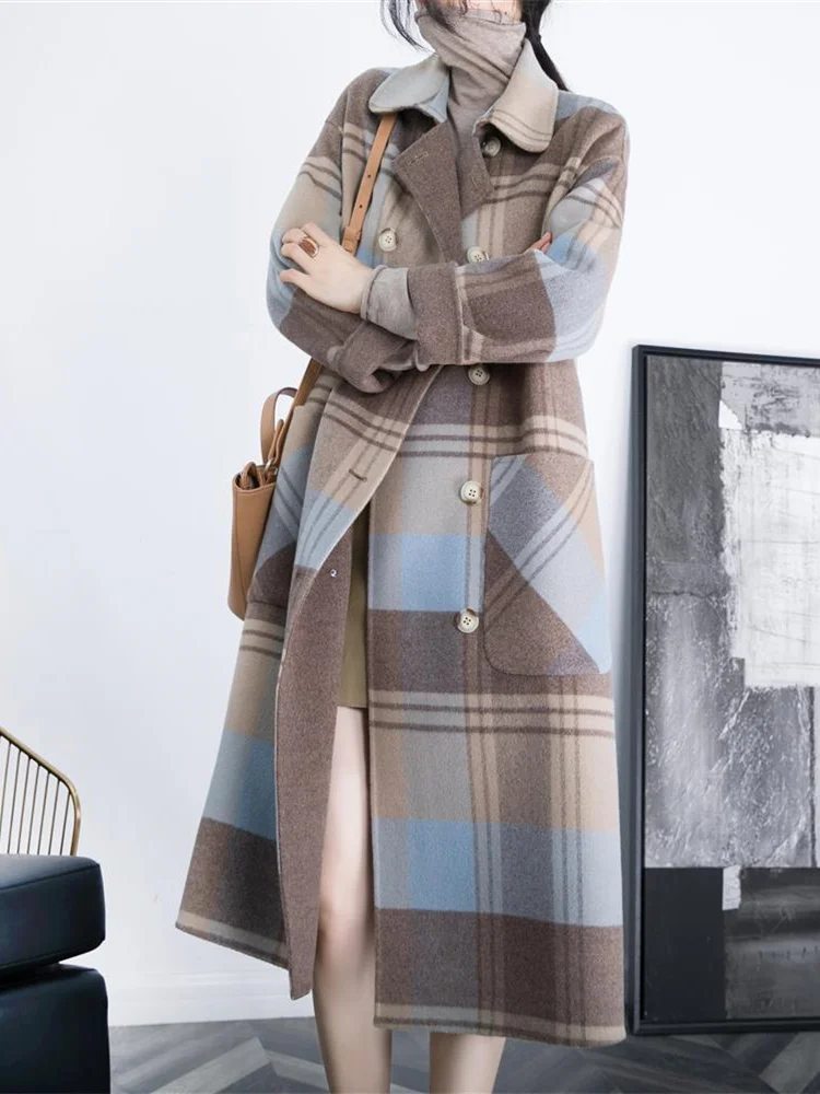 Description Picture 4 of itemYitimoky Plaid Coats for Women Autumn Winter 2023 Vintage Long Sleeve Double Breasted Wool Coat Casual Turn Down Collar Jackets