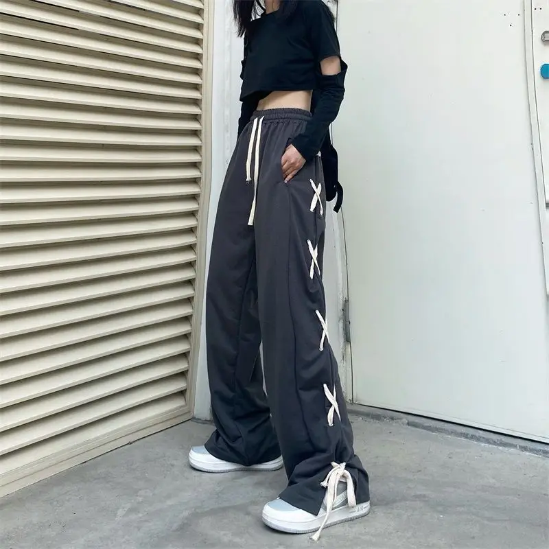 Description Picture 5 of itemY2k Vintage Women Grey Pants Korean New Fashion Streetwear Elastic Waist Loose Casual Harajuku Sports Straight Wide Leg Trousers