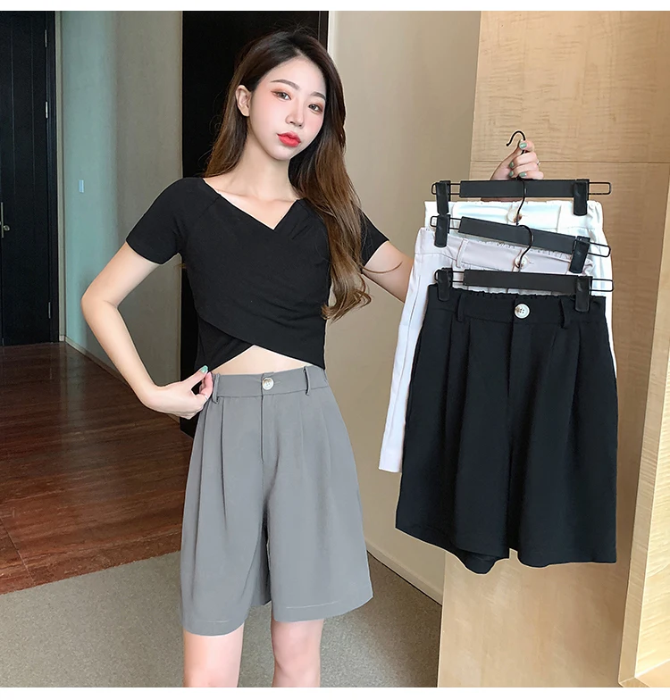 Description Picture 3 of item2023 Suit Shorts Women's Summer Korean Retro Casual Loose Straight Mid-length Pants Drape Feeling Wide Leg Five Quarter Pants