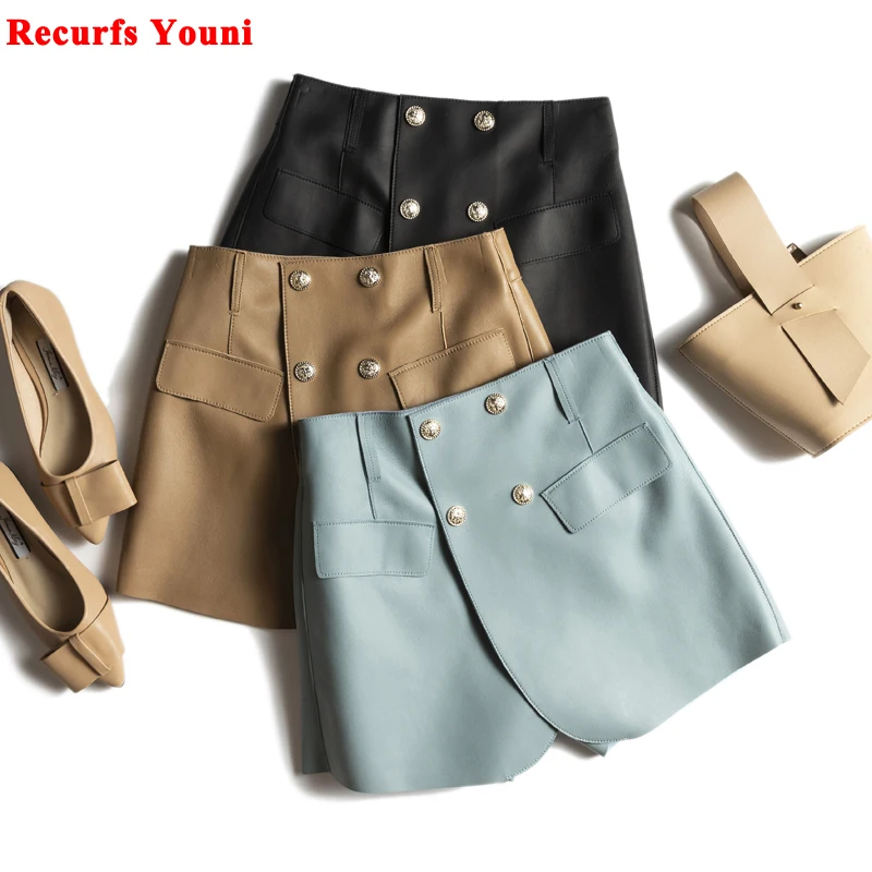 2023 Lady Genuine Leather Skorts Women Chic Korean Style Culottes Skirt Femme Buttons Hip Sexy Streetwear Shorts With Pocket